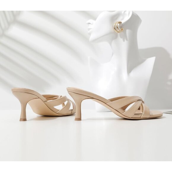 Women Strappy Kitten Nude Heels Open Toe Mules Thong Sandal for Party Wedding - Picture 6 of 9